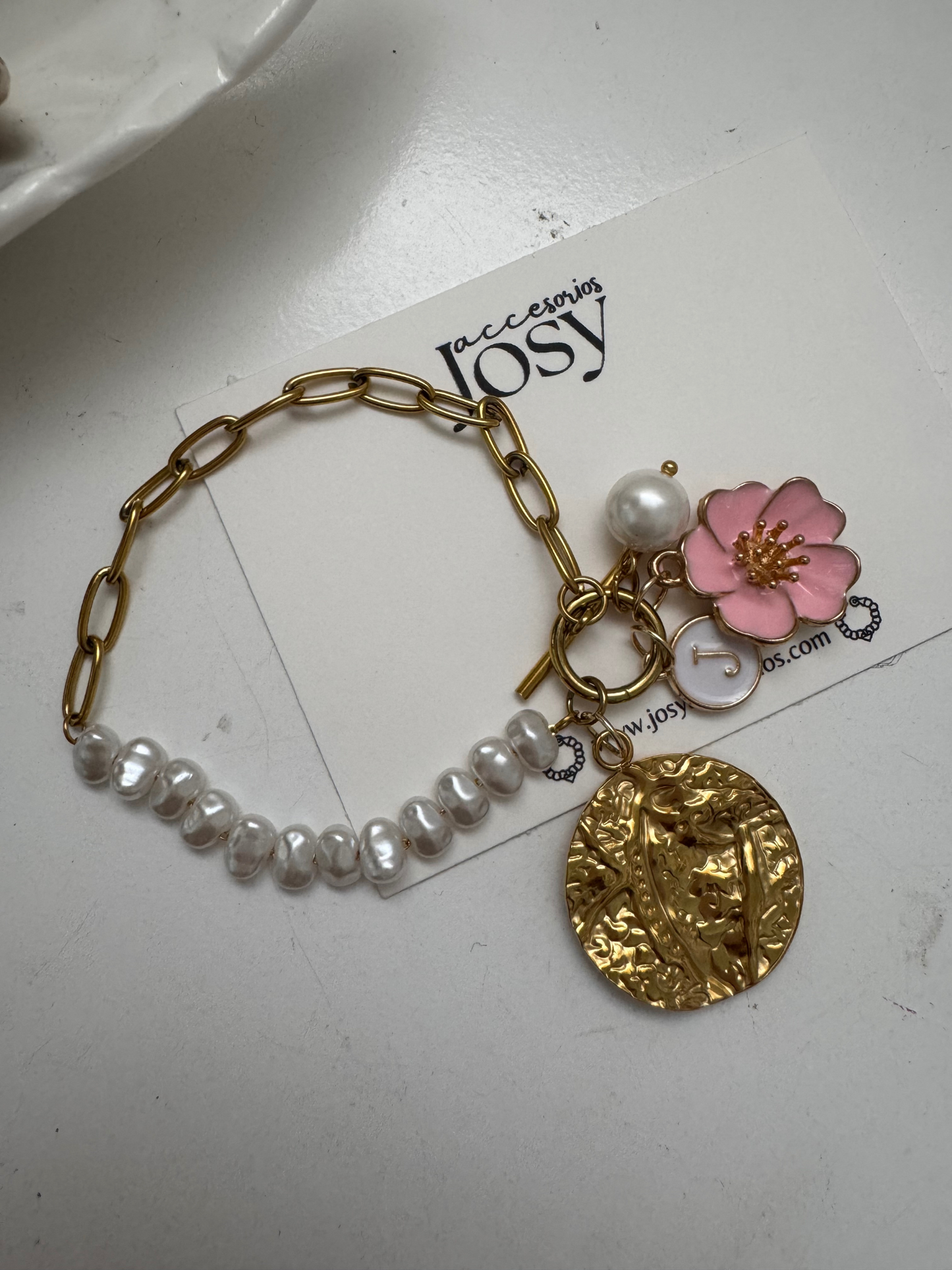 Pulsera Rosa Rosada y Perlas